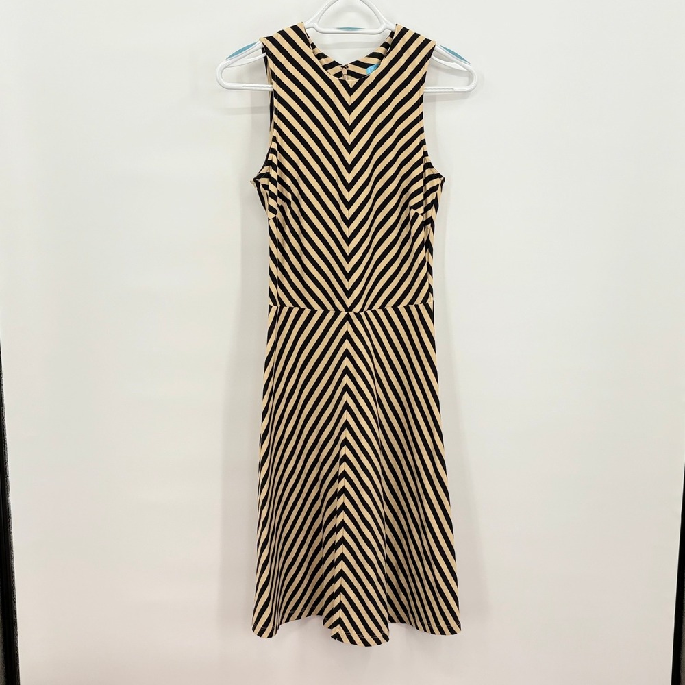 J.McLaughlin Womens XS Black Tan Striped Chevron Sleeveless Fit‎ Flare Dress